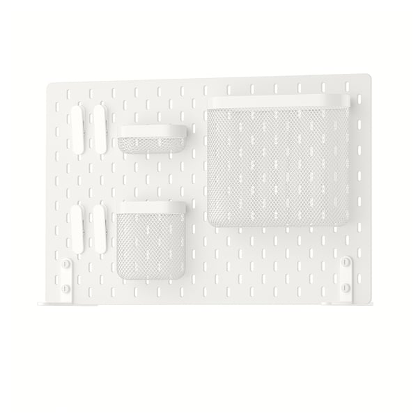SKÅDIS white pegboard organizer with mesh baskets and clips.