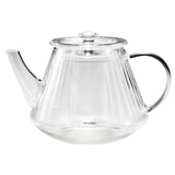 A glass teapot SKÄLRYTA with flute design, infuser, and lid. Heat-resistant with comfortable handle.