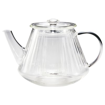 A glass teapot SKÄLRYTA with flute design, infuser, and lid. Heat-resistant with comfortable handle.