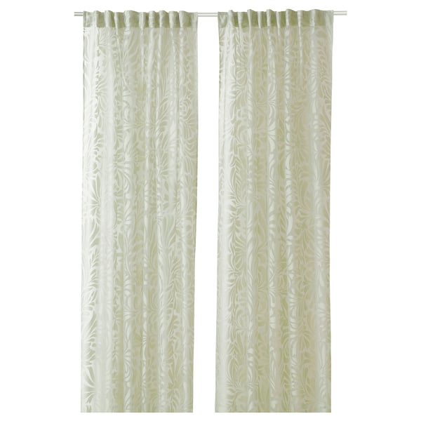 SKÄREFLY curtains, light green, sheer, floral pattern, 60% viscose/rayon, 40% polyester, rectangular.