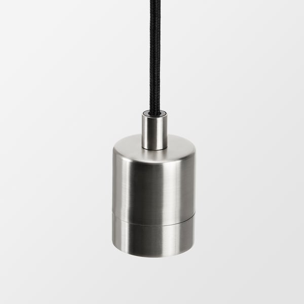 Stainless-steel pendant lamp with sleek design and black cord, showcasing modern quality.
