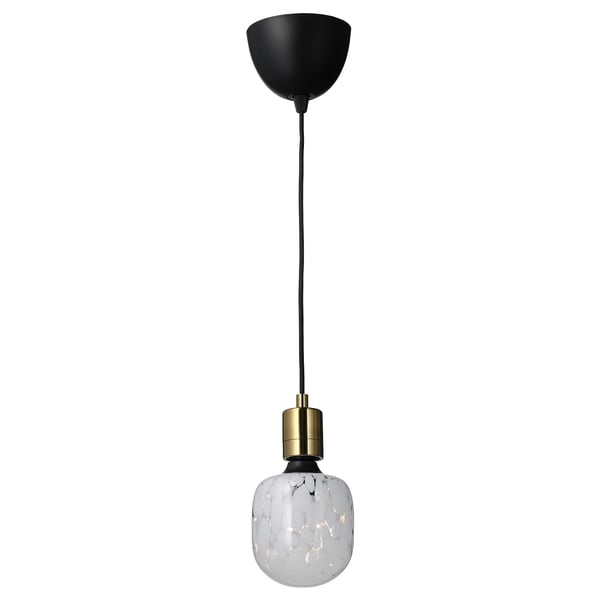 SKAFTET modern black pendant lamp with brass accent and patterned glass bulb.