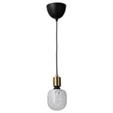 SKAFTET modern black pendant lamp with brass accent and patterned glass bulb.