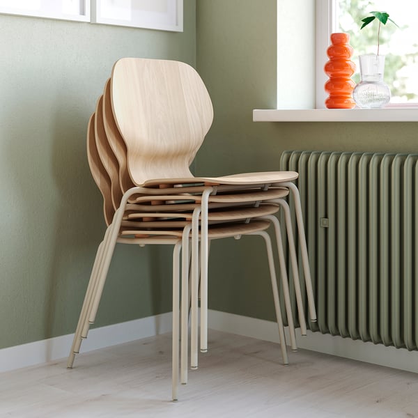 SKÅLSTA Table and 4 chairs, oak effect straight light grey-beige/oak veneer tubular metal/light grey-beige, 140x80 cm
