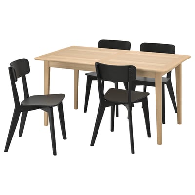 Modern 4-seat light wood dining set, black chairs.