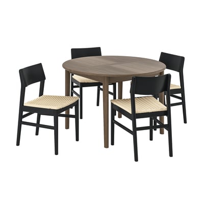 SKANSNÄS: modern round, extendable dining set. Four black chairs with wicker seats surrounding a warm-toned wooden table.