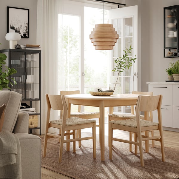 Cozy dining area with light wood table and 4 matching chairs, hanging light fixture, plants, and bookshelf.
