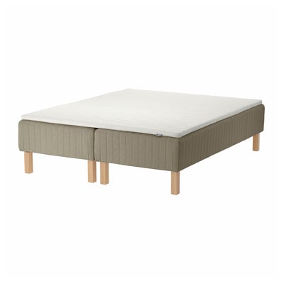 SKÅRER bed with olive green, wooden base and white mattress. Simple, modern design with square legs.