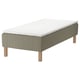 SKÅRER bed: modern grey-green quilted base, wooden legs, comfortable white foam top.