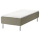 A skarer bed with a white mattress and grey upholstered base on stainless steel legs.