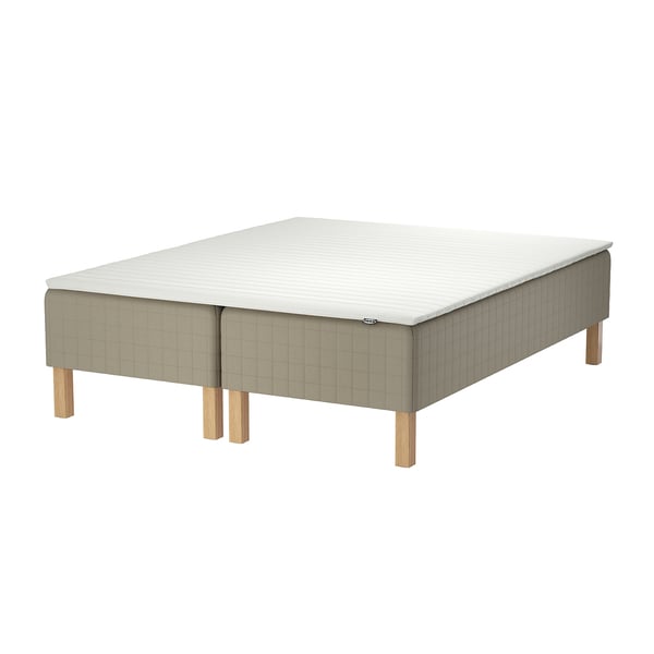 SKÅRER wooden sprung white bed base, legs, beige upholstery.