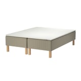 SKÅRER wooden sprung white bed base, legs, beige upholstery.