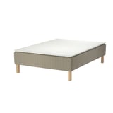 SKÅRER bed: modern white, fabric-covered, rectangular base with wooden legs, sleek design, ideal for comfort.