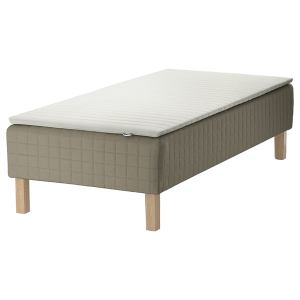 SKÅRER bed: gray, quilted fabric, wooden legs, rectangular, with white mattress.