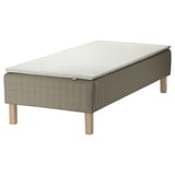 SKÅRER bed: gray, quilted fabric, wooden legs, rectangular, with white mattress.