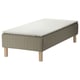 An IKEA SKÅRER bed with a white mattress on a wooden base. The bed has light gray upholstery and oak legs.