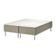 An IKEA SKÅRER bed. Its white with a square tufted design. The base is beech, and it has four metallic legs.