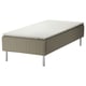 SKÅRER bed: rectangular, grey-green base with white mattress, stainless steel legs, upholstered design.
