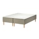 SKÅRER bed: cream, wooden base with sprung mattress, light gray fabric, rectangular, simple design.
