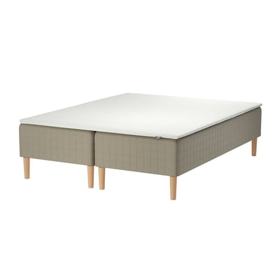 SKÅRER bed: modern wooden base with sprung mattress, light beige, rectangular, minimalist design.