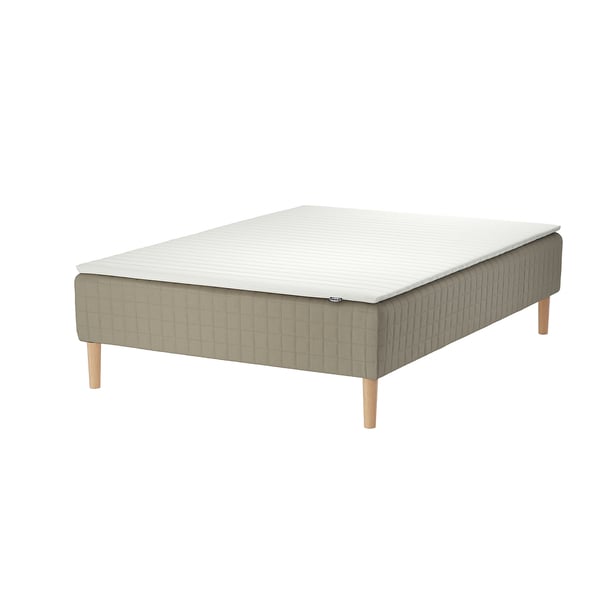 SKÅRER bed: cream, wooden base, sprung mattress, rectangular, light grey sides.