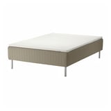 SKÅRER bed: white & beige, rectangular, upholstered base with legs, supportive sprung mattress top.