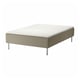 SKÅRER bed: white & beige, rectangular, upholstered base with legs, supportive sprung mattress top.