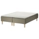 An ikea SKÅRER grey and beige bed base with wooden legs and a white mattress.