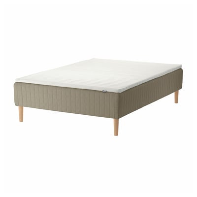 Ikea SKÅRER bed with beige sprung mattress, wooden legs.