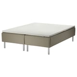 IKEA SKÅRER bed frame with sprung mattress, beige, rectangular, upholstered, stainless steel legs.