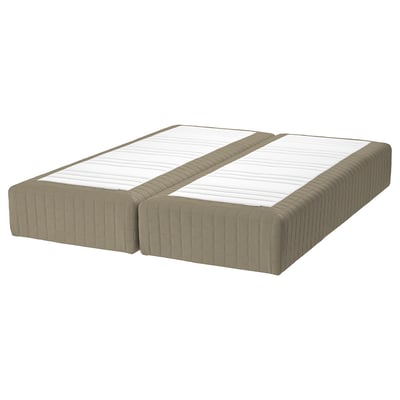 SKÅRER twin mattress in beige with textured design, wooden base, and pocket springs.