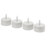 Four white, cylindrical led tealights with flame-shaped tips, arranged in a row. Made of polypropylene plastic.