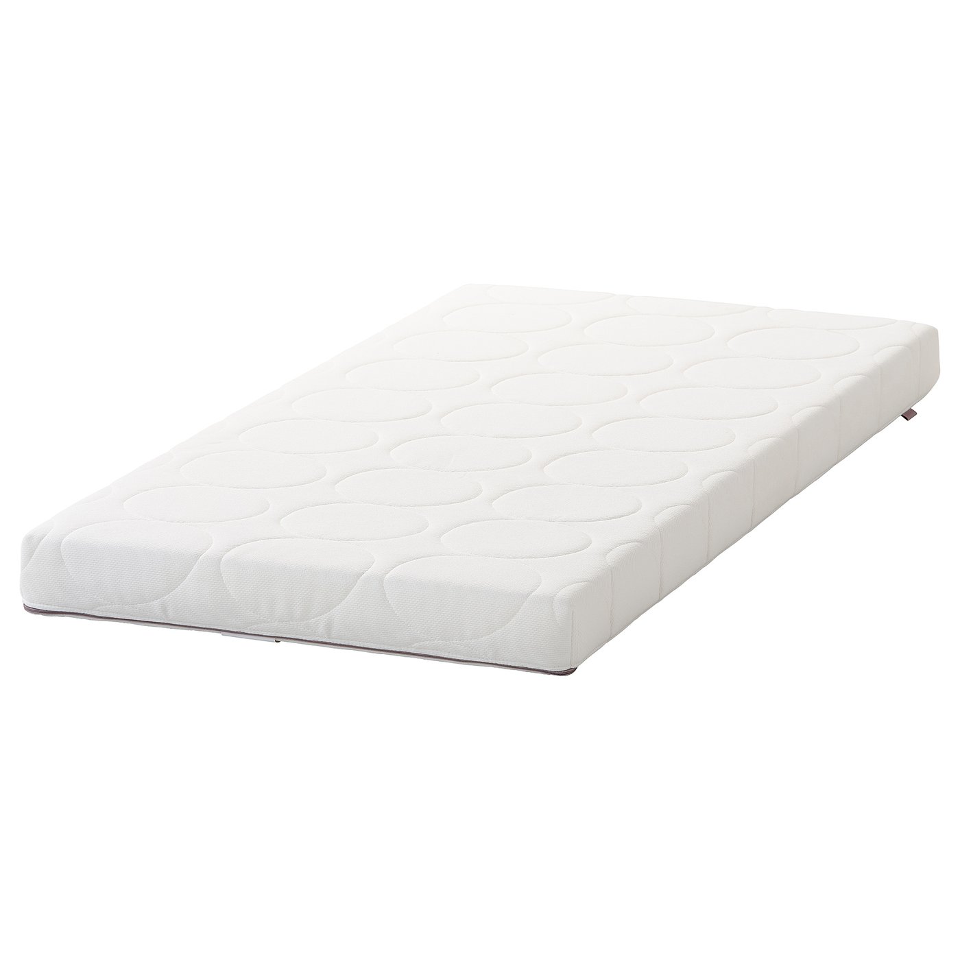 SKÖNAST white foam cot mattress, smooth, rectangular, quilted pattern.