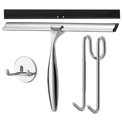 SKOGHALL shower accessories: chrome squeegee, rail hook, suction cup hook. Modern design, functional.