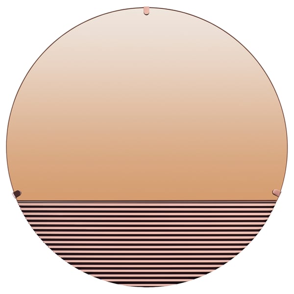 SKOGSGRÄNSEN rose-gold mirror, semi-circular, reflective glass with striped base, hanging metal holder.
