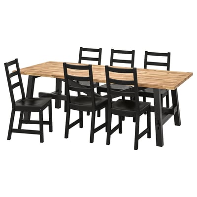 SKOGSTA: modern dining set with sturdy acacia table and black chairs. High backs, dark wood, lacquer finish. Great for heavy use.
