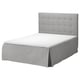 SKOTTERUD bed: grey, tufted headboard, boxed design, light wood base, clean lines.
