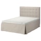 A beige SKOTTERUD bed set with a tufted headboard, wooden base, and white mattress pad.