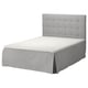 SKOTTERUD grey bed with tufted headboard and valance skirt, modern minimalist design.