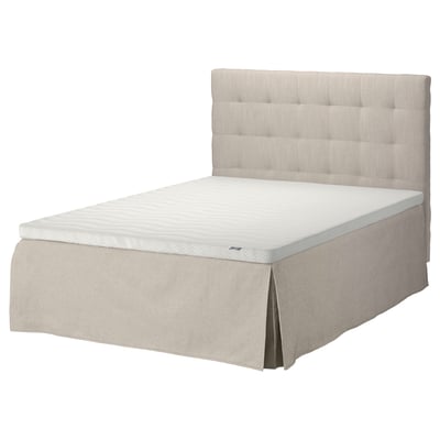 SKOTTERUD bed: beige, fabric, rectangular, padded headboard, foam mattress, wooden frame.