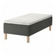 SKOTTERUD bed: modern, black upholstered frame with wooden legs, atop which sits a white sprung mattress.