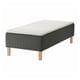 An IKEA SKOTTERUD bed in black with a white mattress. It has wooden legs and a grid pattern on the base.
