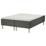 SKOTTERUD bed: dark green, white top; wooden legs. Square, upholstered frame, foam top.