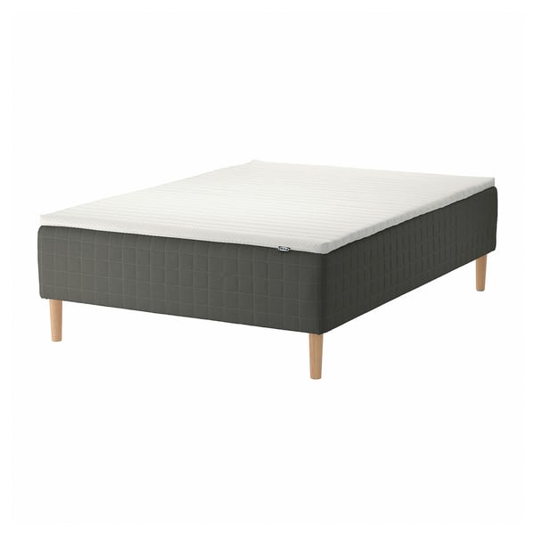 SKOTTERUD bed: modern, grey, rectangular; wooden base, sprung, light-grey top, four wooden legs.