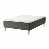 SKOTTERUD bed: modern, grey, rectangular; wooden base, sprung, light-grey top, four wooden legs.