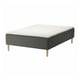 SKOTTERUD bed: modern, grey, rectangular; wooden base, sprung, light-grey top, four wooden legs.