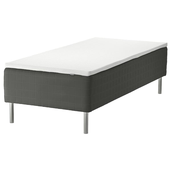 SKOTTERUD bed: dark gray, quilted, rectangular foam mattress on metal legs.