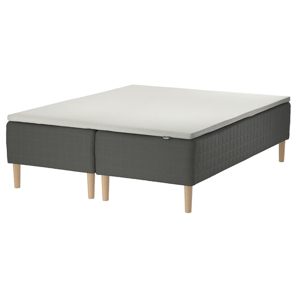 New product SKOTTERUD bed: grey, quilted, rectangular, wooden legs.