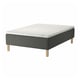 Gray IKEA SKOTTERUD bed with quilted mattress on wooden legs, white top, sturdy base.