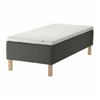 SKOTTERUD bed in dark grey with light grey top, wooden legs. Sleek, modern design for comfort and support.
